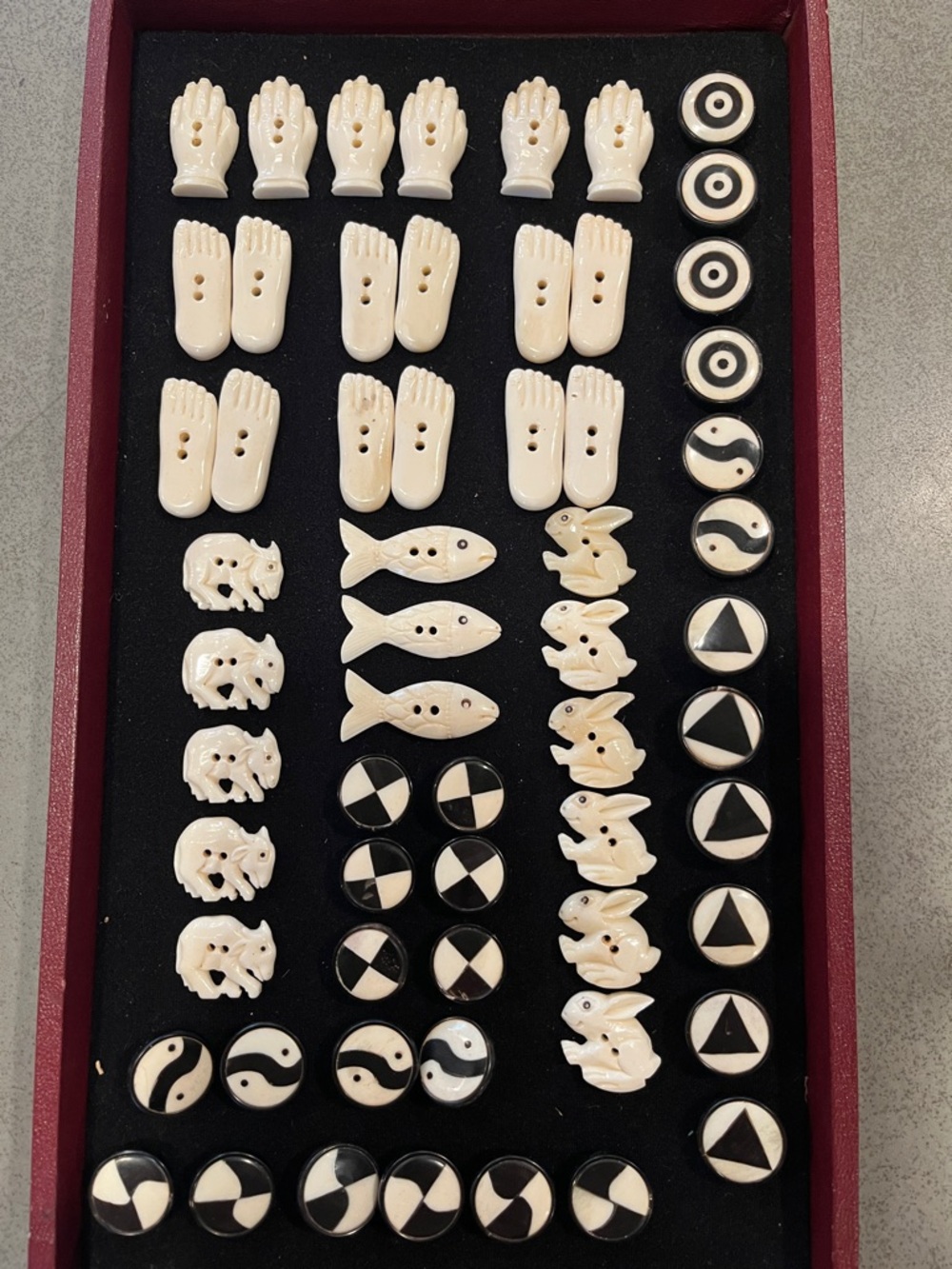Vintage carved button lot - animals, hands, yin yang, artisan collection
